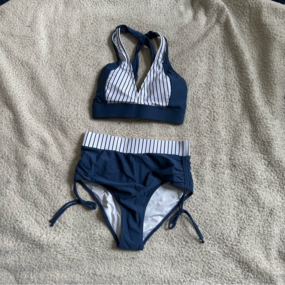 Navy and White Striped Bikini Set